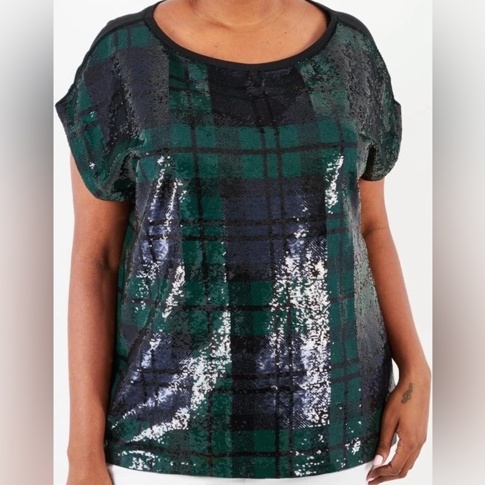 RALPH LAUREN Blackwatch Tartan Plaid Sequined Top size:Large